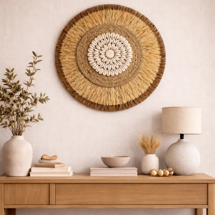 Boho Wall Decor | Round Woven Rattan & Raffia Wall Hanging
