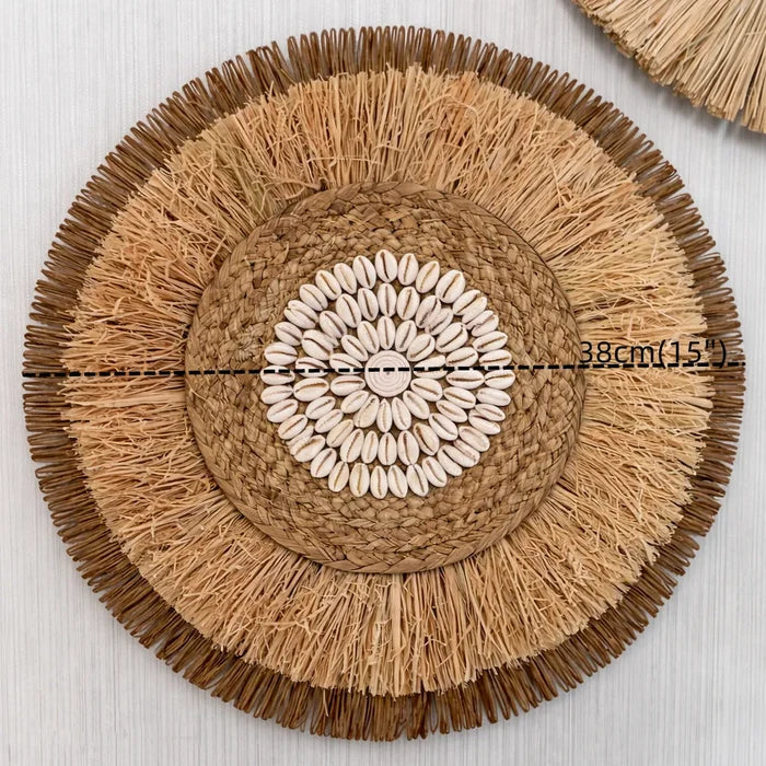 Boho Wall Decor | Round Woven Rattan & Raffia Wall Hanging