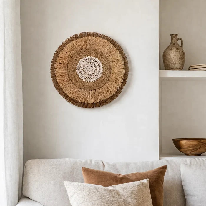Boho Wall Decor | Round Woven Rattan & Raffia Wall Hanging