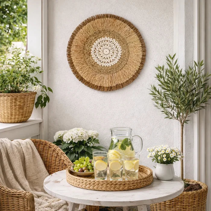 Boho Wall Decor | Round Woven Rattan & Raffia Wall Hanging