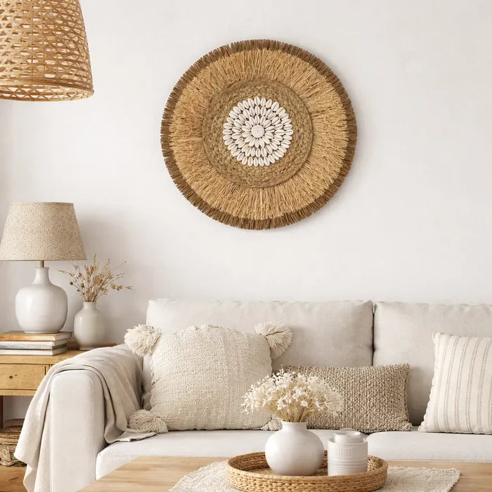 Boho Wall Decor | Round Woven Rattan & Raffia Wall Hanging
