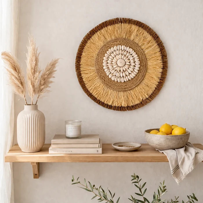 Boho Wall Decor | Round Woven Rattan & Raffia Wall Hanging