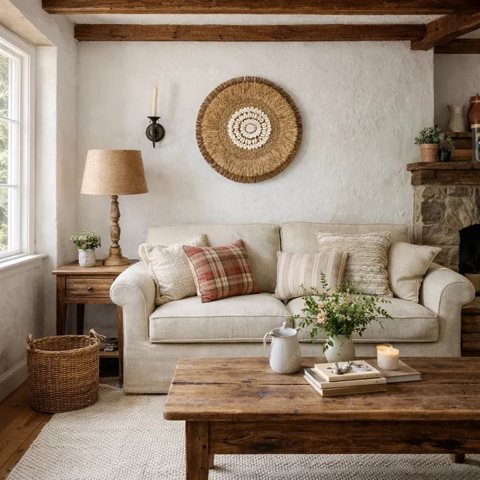 Boho Wall Decor | Round Woven Rattan & Raffia Wall Hanging