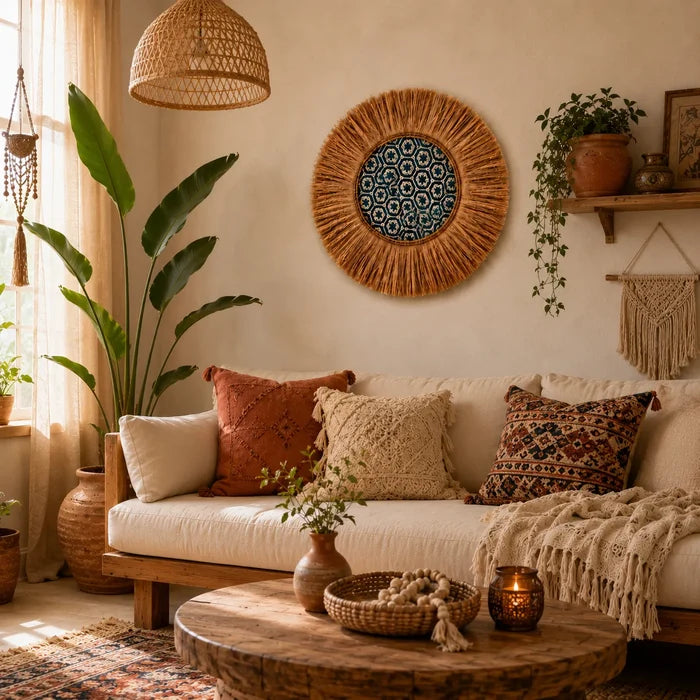 Boho Woven Wall Decor – Handmade Raffia Wall Hanging for Living Room