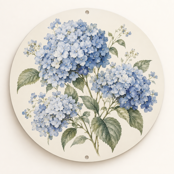 Custom Blue Hydrangea Round Aluminum Wall Art – Your Design, 20 cm