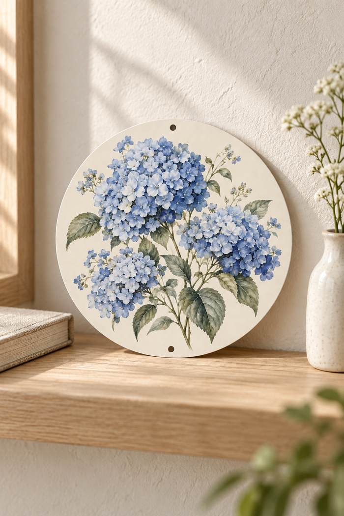 Custom Blue Hydrangea Round Aluminum Wall Art – Your Design, 20 cm