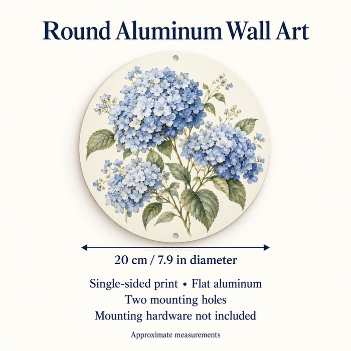 Custom Blue Hydrangea Round Aluminum Wall Art – Your Design, 20 cm