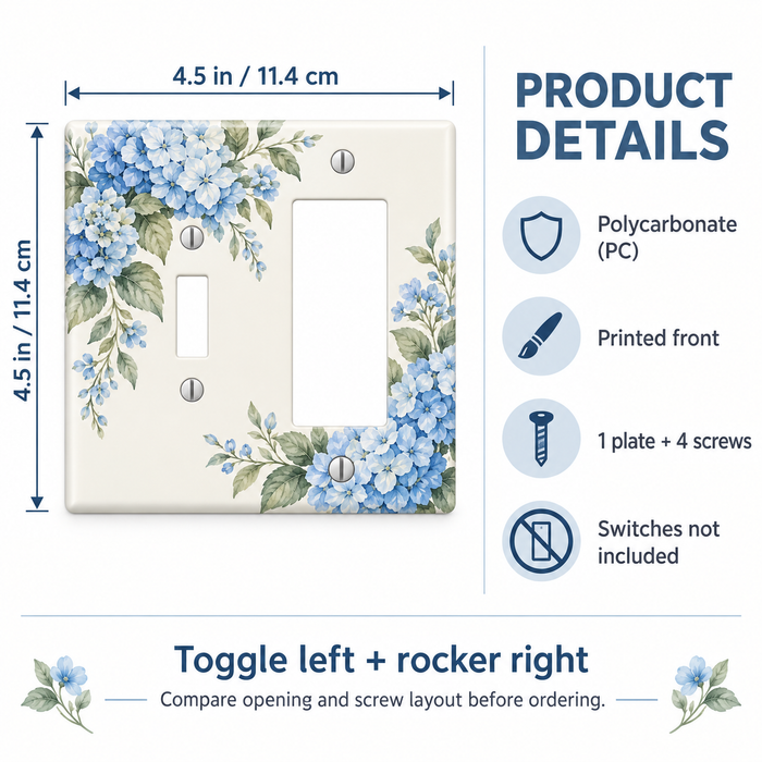Custom Blue Hydrangea Toggle & Rocker Combo Switch Plate – Your Design