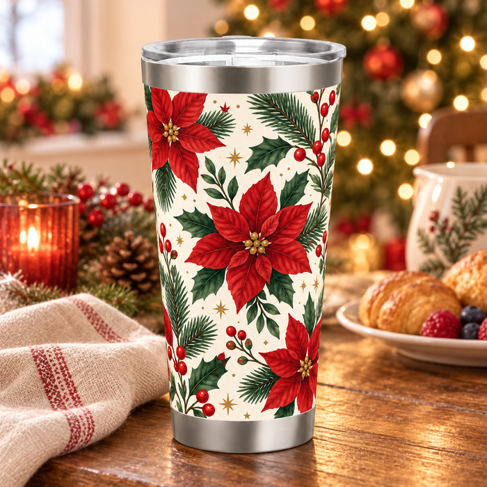 Custom Christmas Travel Tumbler – Poinsettia or Your Design, 20 oz