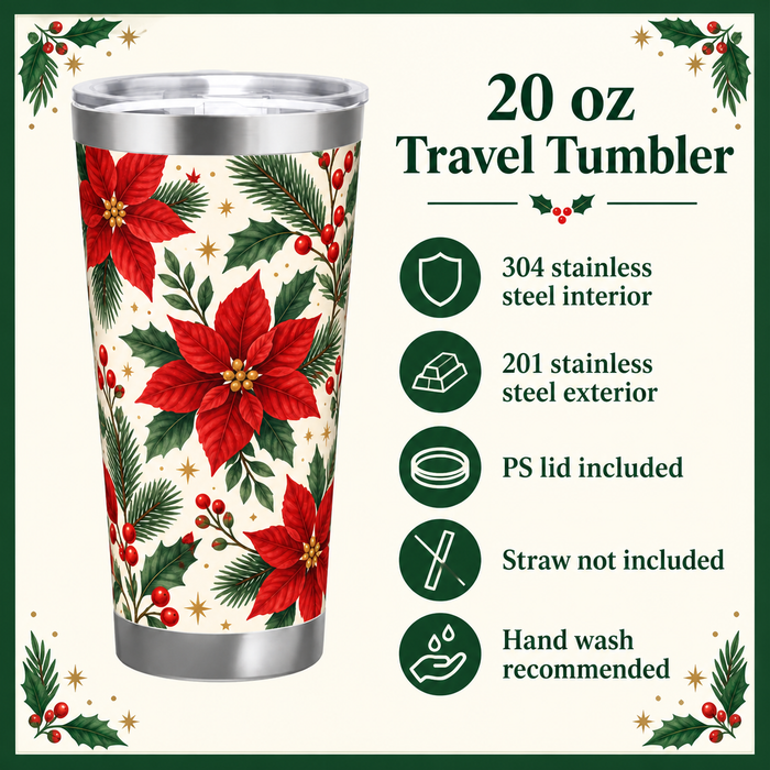 Custom Christmas Travel Tumbler – Poinsettia or Your Design, 20 oz