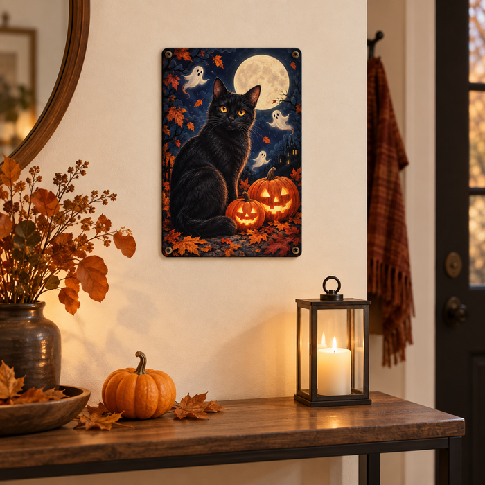 Halloween black cat and pumpkin metal sign displayed on an indoor entryway wall
