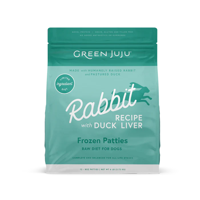 Green Juju Rabbit Recipe with Duck Liver Frozen Patties & Sliders Raw Diet for Dogs