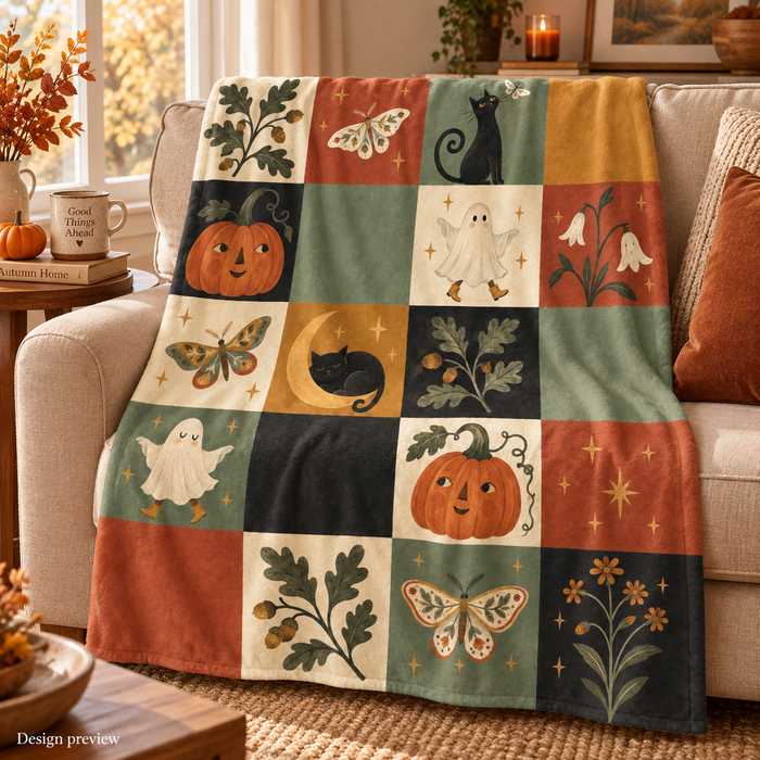 Halloween Checkerboard Ghost & Pumpkin Blanket