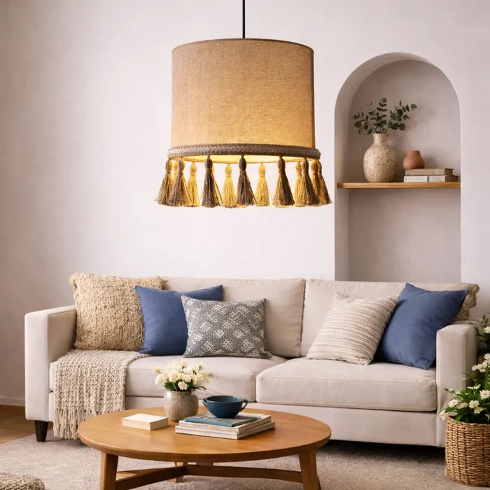 Natural Linen Drum Pendant Lampshade | DIY Hanging Light Shade Kit with Tassel