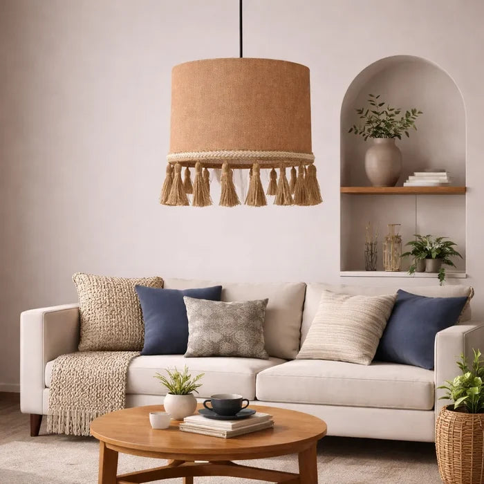 Natural Linen Drum Pendant Lampshade | DIY Hanging Light Shade Kit with Tassel