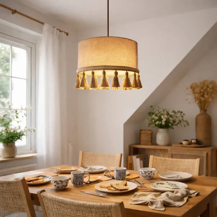 Natural Linen Drum Pendant Lampshade | DIY Hanging Light Shade Kit with Tassel