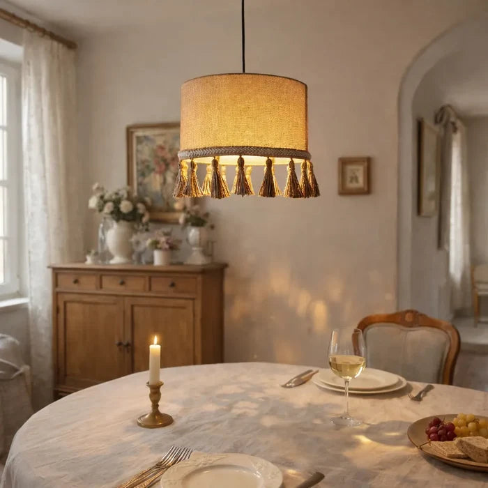 Natural Linen Drum Pendant Lampshade | DIY Hanging Light Shade Kit with Tassel