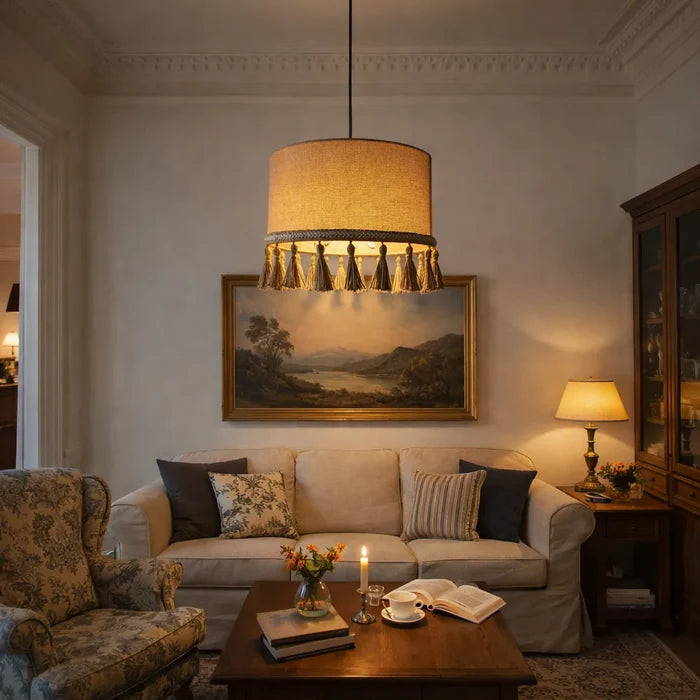 Natural Linen Drum Pendant Lampshade | DIY Hanging Light Shade Kit with Tassel