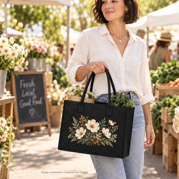 Personalized Black Felt Tote Bag – Botanical or Your Design
