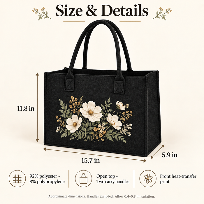 Personalized Black Felt Tote Bag – Botanical or Your Design