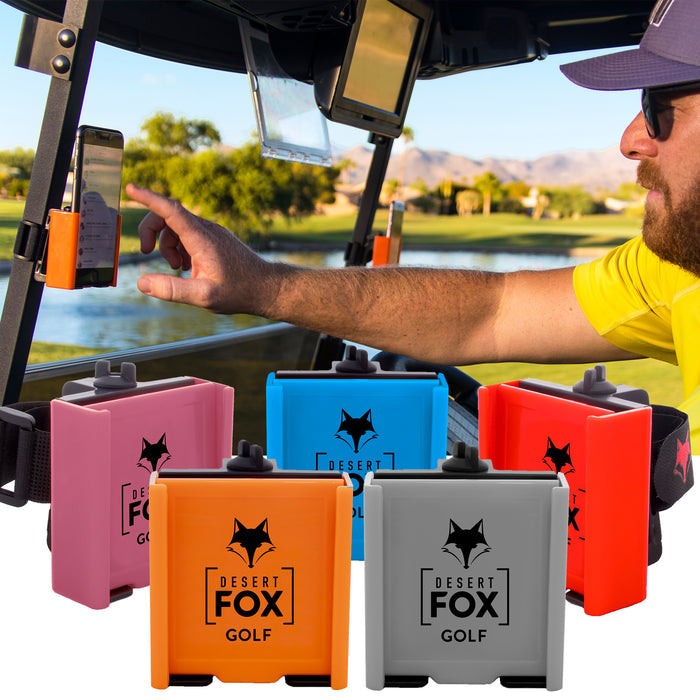 An assortment of phone caddies in various colors displayed in front of a person inside a golf cart.