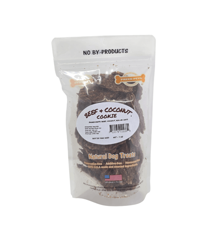 4oz Bag of beef and coconut cookies natural dog treats with 'No By Products' Preen Pets branding